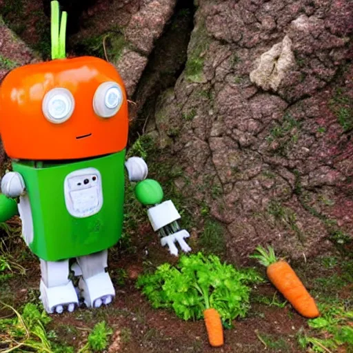 Image similar to cute little robot made of vegetables, tomato head and a carrot sword, made in abyss style standing on a forest