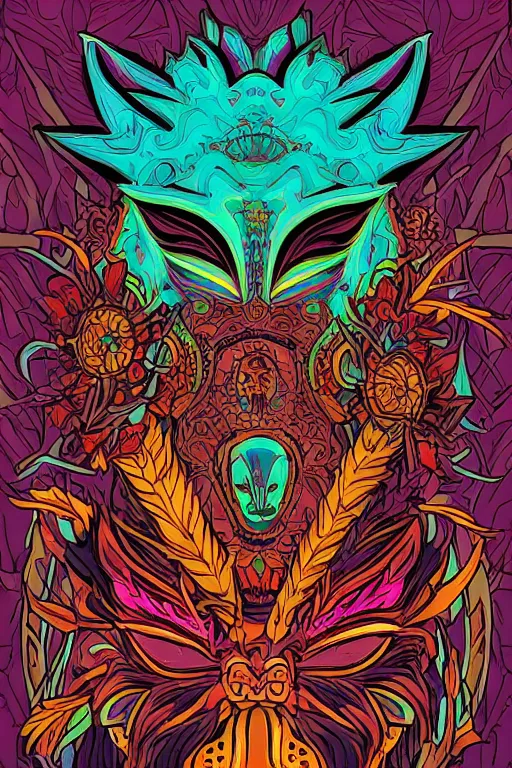 Image similar to animal mask totem roots flower tribal feather gemstone plant wood rock shaman vodoo video game vector cutout illustration vivid multicolor borderlands comics by josan gonzales and dan mumford radiating a glowing aura