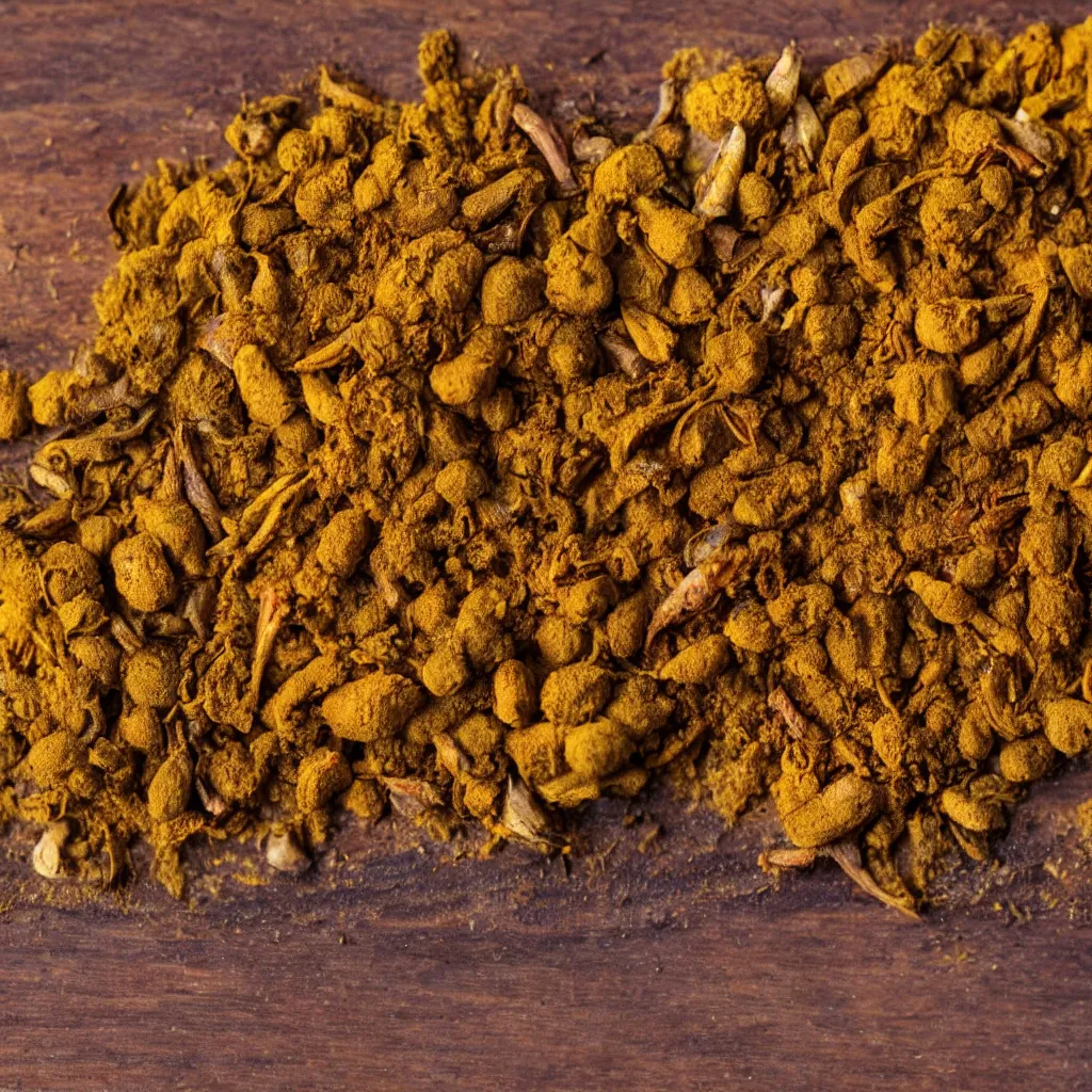 Prompt: close-up view of curry spice on top of a wooden table, 8k, high detail, photorealistic, proper shading