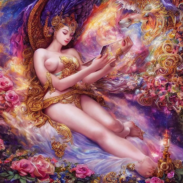 Image similar to a celestial goddess on her day off catching up on social media in bed, magic realism, art by josephine wall, art by huang guangjian, art by viktoria gavrilenko, art by amanda sage, trending on artstation