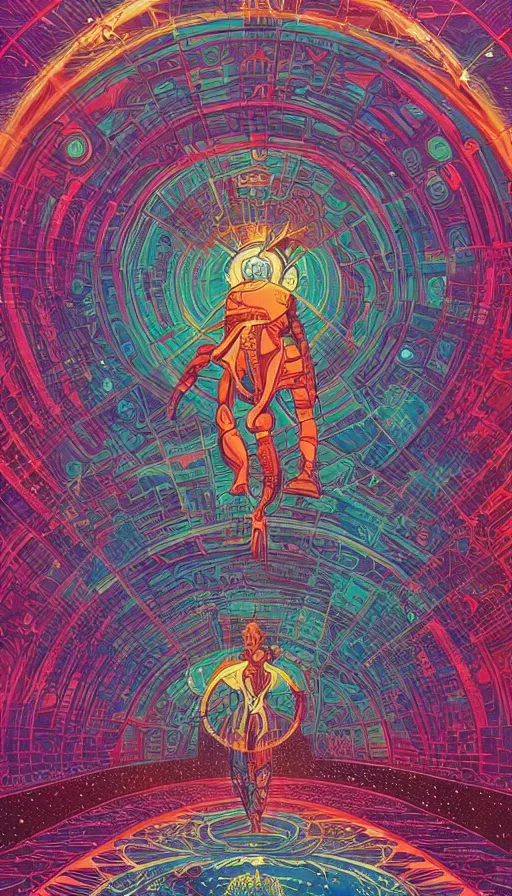 Prompt: the psychedelic adventures of the cosmic time traveller journeying through the ancient oracle of the cosmos, futurism, dan mumford, victo ngai, kilian eng, da vinci, josan gonzalez