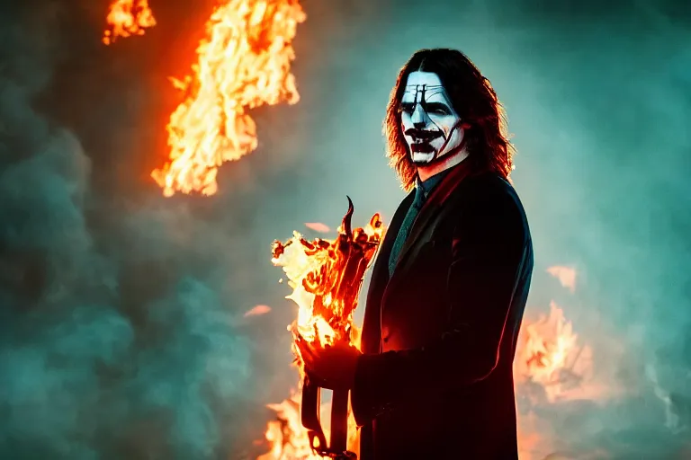 Prompt: Dave Grohl as The Joker, standing in hell surrounded by fire and flames and bones and brimstone, brilliant colors, color photo, portrait photography, volumetric fog and light, depth of field, bokeh