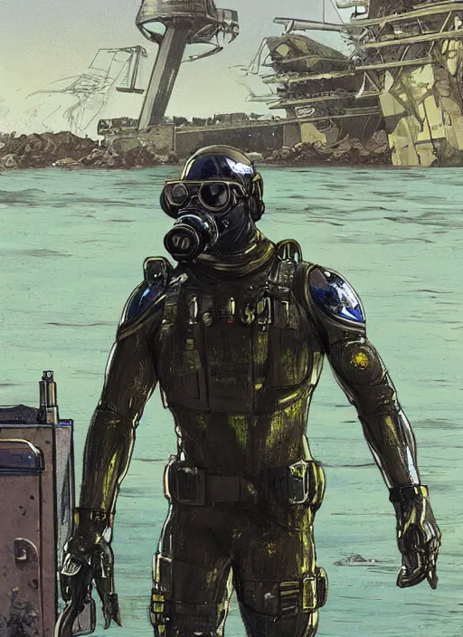 Image similar to Chidi. USN blackops operator emerging from water at the shoreline. Operator wearing Futuristic cyberpunk tactical wetsuit and looking at an abandoned shipyard. Frogtrooper. rb6s, MGS, and splinter cell Concept art by James Gurney, Alphonso Mucha. Vivid color scheme.