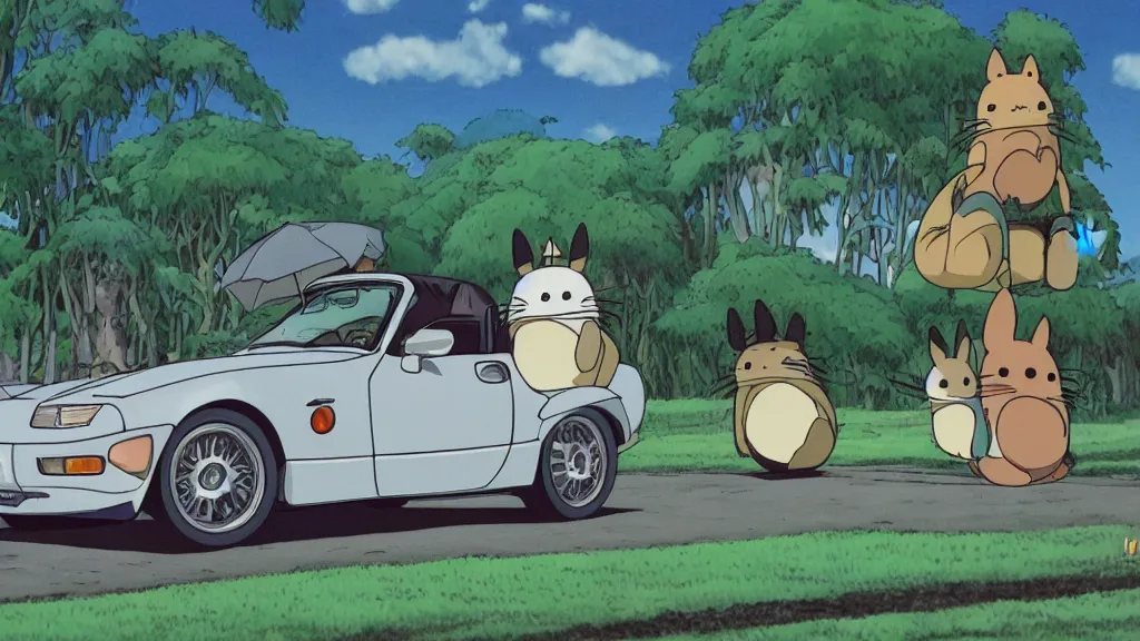 Image similar to 1 9 9 0 mazda miata in the style of my neighbor totoro, anime, detailed lines