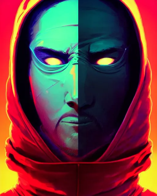 Image similar to synthwave, hyper - realistic portrait of a man in a hoodie, with ninja mask, intricate, 4 k, by atey ghailan, by greg rutkowski, by greg tocchini, by james gilleard, by joe fenton, by kaethe butcher, dynamic lighting, lighting color scheme, sharp focus, grunge aesthetic