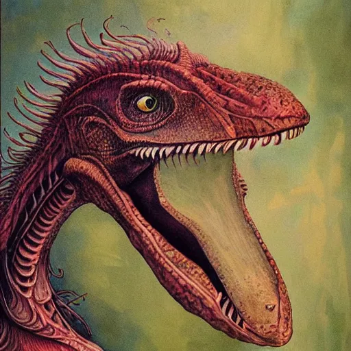 Image similar to portrait of velociraptor,, artwork by Daniel Merriam,