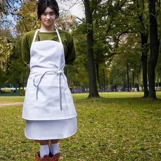 Image similar to a full body portrait of a very very very beautiful young woman wearing a white apron in a park, very detailed, William-Adolphe, photo taken with Sony a7R