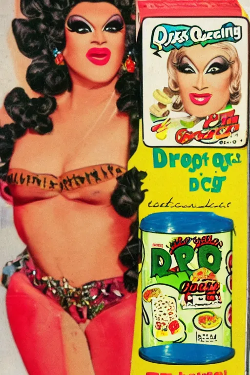 Image similar to drag queen on pickles cereal box, vintage packaging