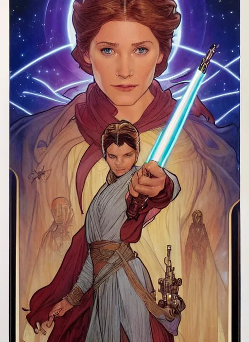 Image similar to movie poster by iain mccaig and magali villeneuve and drew struzan and alphonse mucha, a very beautiful!!!! woman jedi master, highly detailed. star wars original trilogy, she is about 2 0 years old, wearing jedi robes.