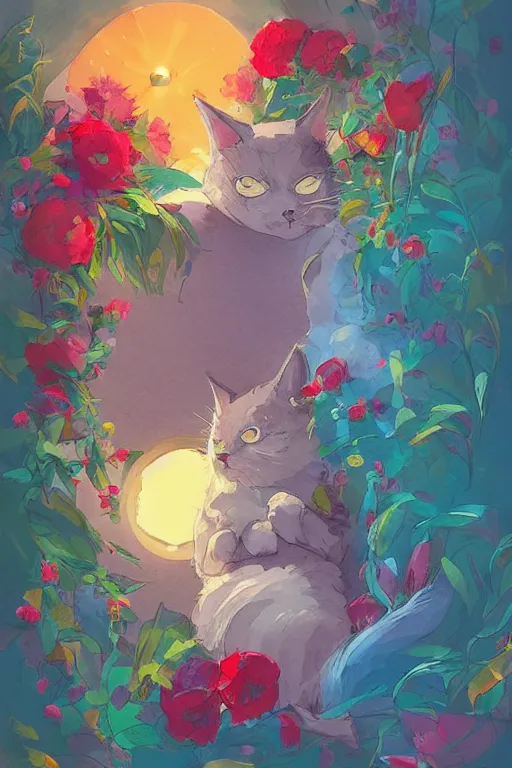 Image similar to a digital art of a cat sleeping in the room with flowers around in the afternoon, the sun shines in, storybook art, watercolor, detailed, cute, by anton fadeev, featured on artstation