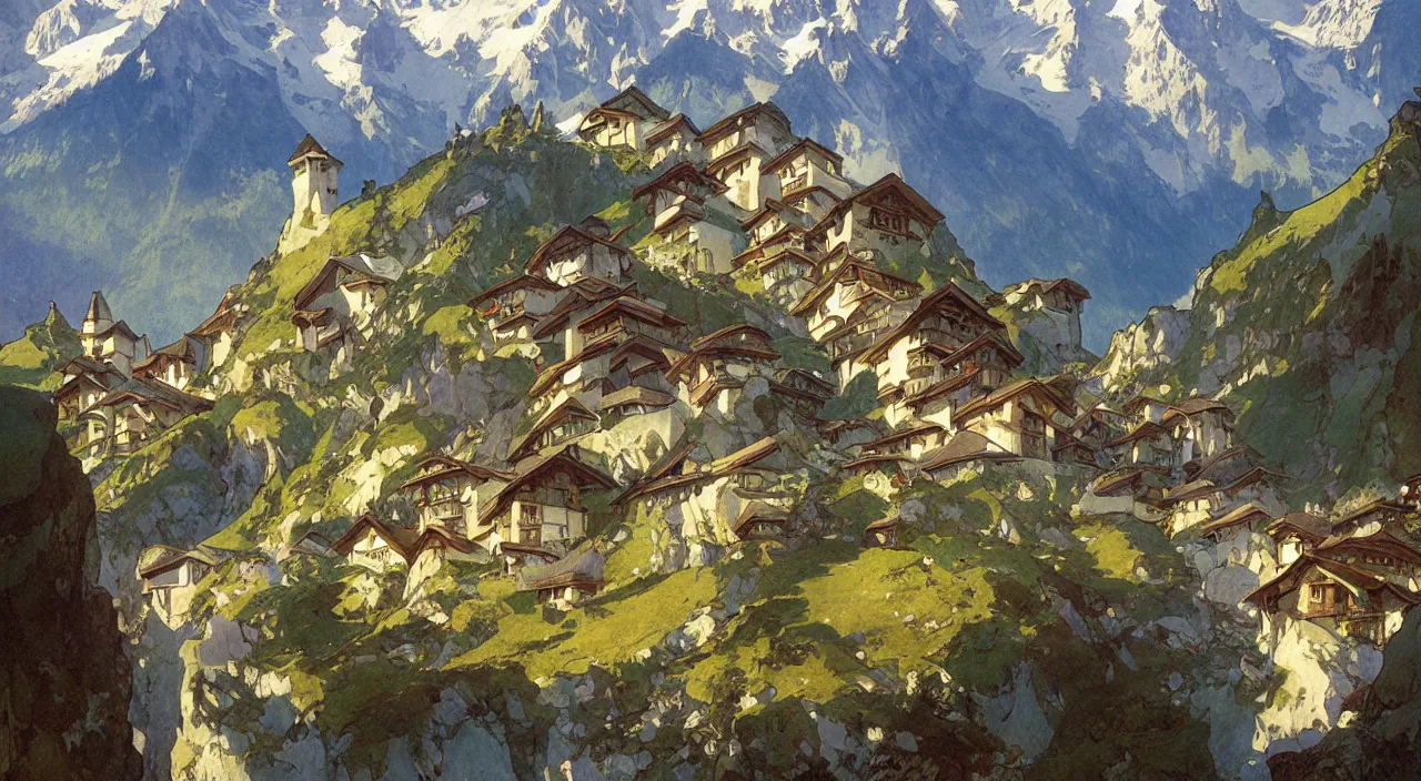 Prompt: A beautiful landscape painting of a small swiss mountain village by Alfons Maria Mucha and Julie Dillon and Makoto Shinkai