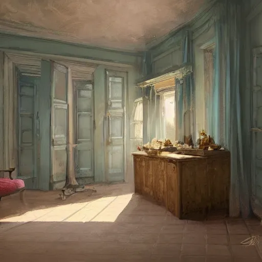 Image similar to beautiful digital matte painting of a whimsical botanical shabby chic dressing room by greg rutkowski and edward hopper, artstation, behance hd - h 7 6 8