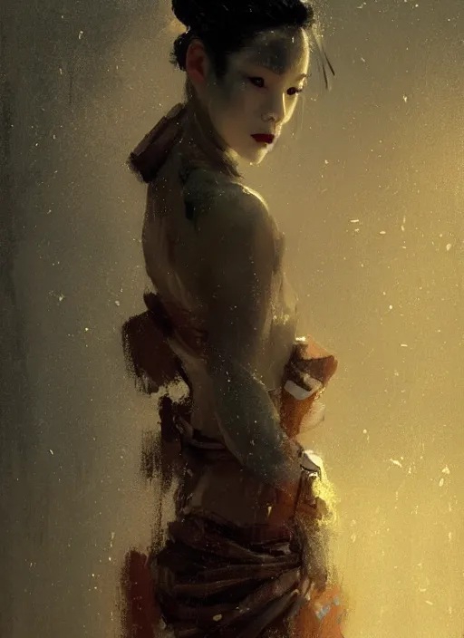 Prompt: female geisha girl, beautiful face, bladerunner, rule of thirds, intricate outfit, spotlight, by greg rutkowski, by jeremy mann, digital painting