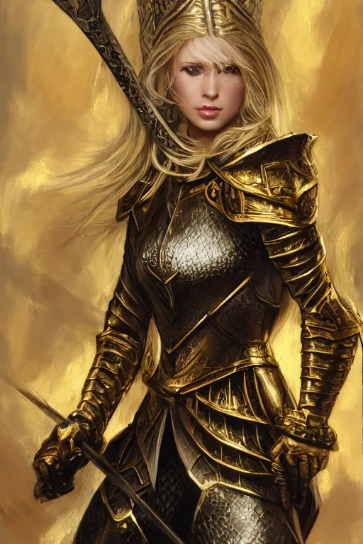 Prompt: Gorgeous Blond Lady Knight in an ornamental Gold and Black armor, straight hair, very detailed face, low fantasy, matte painting, by Frank Franzetta, trending on Artstation, trending on Deviantart, artstationHQ, cgscoiety, artstationHD, full color, ultra HD, 8k