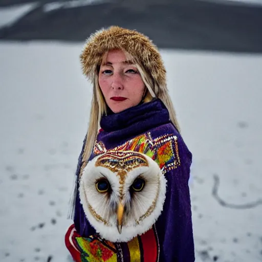 Image similar to symmetry!! portrait photograph of an extremely beautiful!!!! young blonde female with symmetric face. with a very detailed barn owl!!!!! on her shoulder. wearing traditional greenlandic national costume or kalaallisuut. in iceland. petzval lens. shallow depth of field. polaroid featured on flickr, art photography,