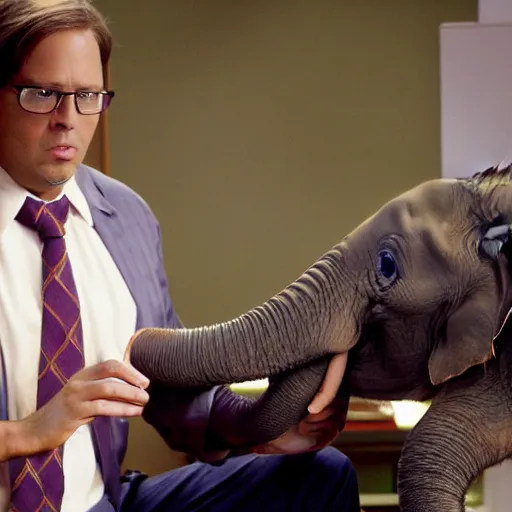 Prompt: an elephant plays dwight on the office tv show