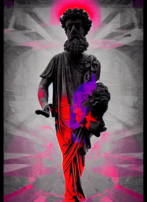 Image similar to design poster showing a statue of marcus aurelius, black background with very subtle red and purple design elements, powerful, nekro, graphic design, collage art, thin lines, dark, glitch art, neo vaporwave, gritty, layout frame, square, trending on artstation