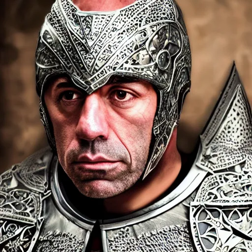 Image similar to joe rogan wearing knights armor, hyper realistic, close up, symmetrical face, 4 k, highly ornate intricate details,