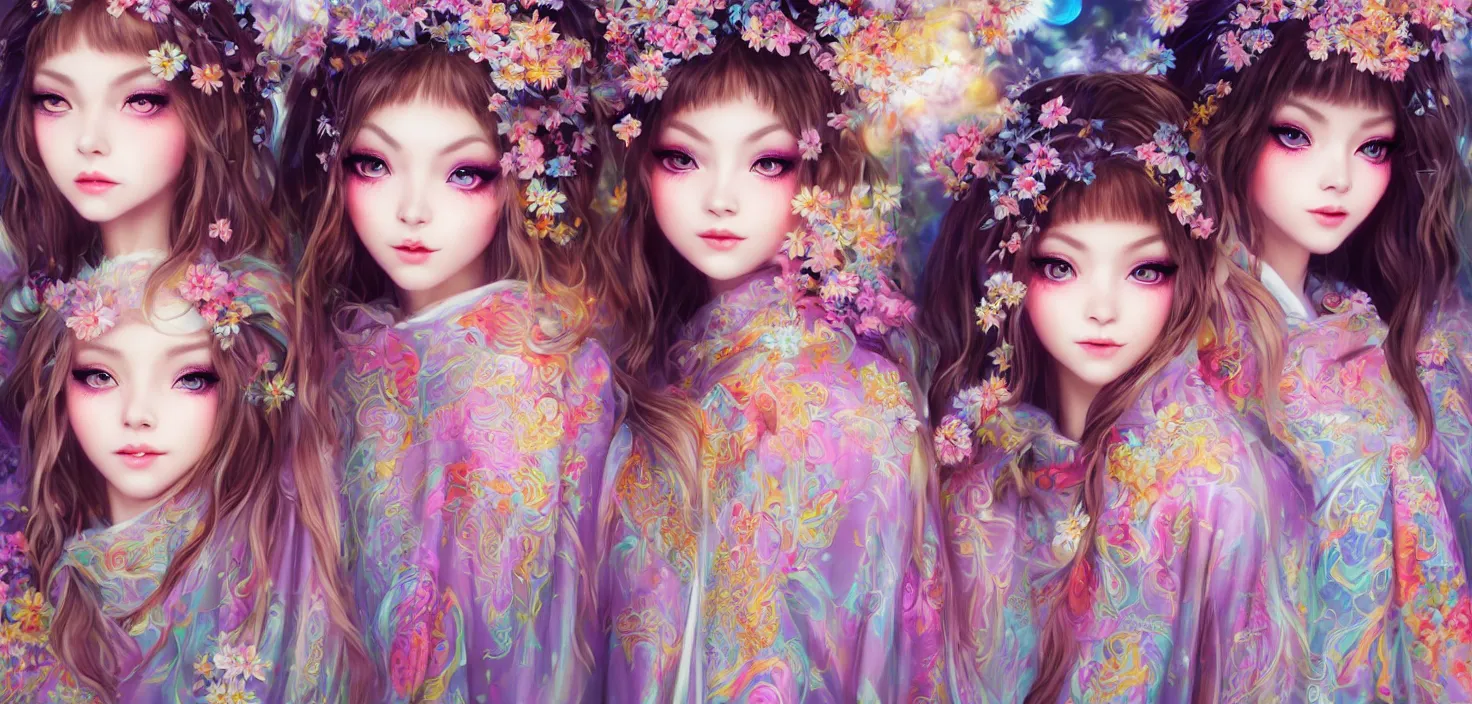 Image similar to two beautiful fashion siberian girls wear fantasy kimono in festival | | big eyes, sunny, dreamlike art, realistic shaded, smile, good looking, hyper details, 4 k realistic, cryengine, realistic shaded lighting poster by artgerm, ross tran, fuji choko, loish, 8 k resolution, trending on artstation, luxury