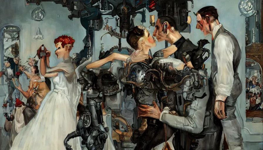 Image similar to A Norman Rockwell painting of cyborg wedding 2050s, amazing composition, cinematic lighting, high resolution, octane rendered, unreal engine, illustration, trending on artstation, masterpiece, 8k