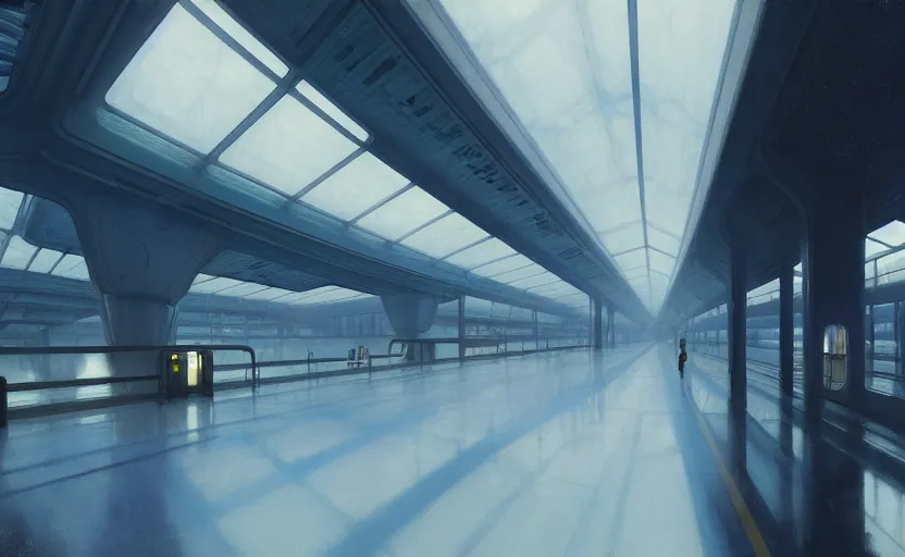 Prompt: painting of a wide angle exterior shot of a white modern futuristic cyberpunk utopian train station with cinematic lighting by peter zumthor and renzo piano, darek zabrocki and greg ruthkowski, alphonse mucha, simon stalenhag and cinematic and blue cold atmospheric, holy place, atmospheric, archillect concept art, artstation, trending on artstation