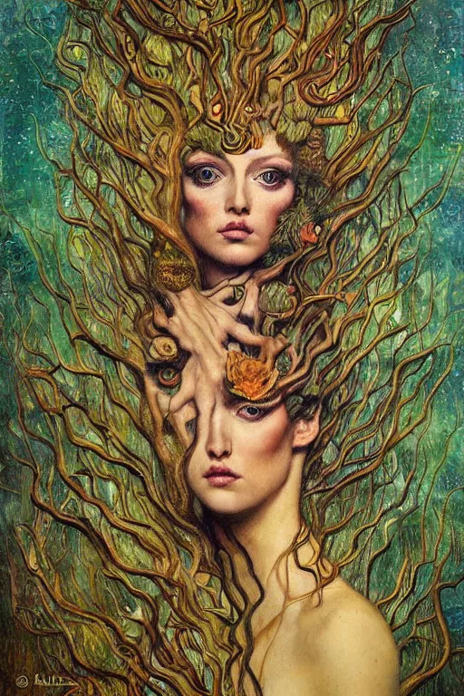 Image similar to Nature by Karol Bak, Jean Deville, Gustav Klimt, and Vincent Van Gogh, transformational chimera portrait, visionary, hair made of trees, verdant, life, botanicals, otherworldly, fractal structures, ornate gilded medieval icon, third eye, spirals