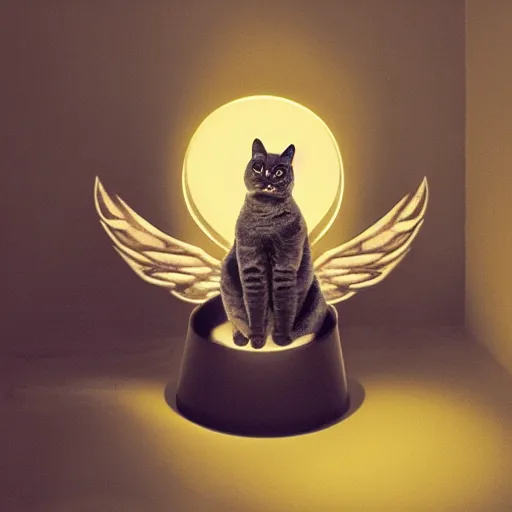 Image similar to 'a cat with two wings, lighting, three plants by Lin Xiao