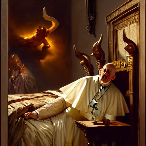 Prompt: the pope is in his bed, nervous and terrified, because a double horned shadow figure from hell is attacking him. highly detailed painting by gaston bussiere, j. c. leyendecker, greg rutkowski, craig mullins 8 k