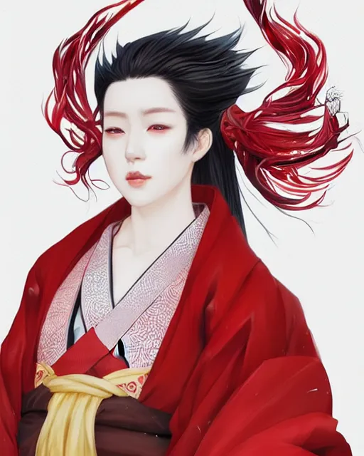 Image similar to Ssunbuki as a kitsune wearing a red and white kimono, portrait, visualartzi, korean, concept art by Karla Ortiz, James Paick, Charlie Bowater, Krenz Cushart, highly detailed, ultra detailed, ultra realistic, trending on artstation, cgstudio