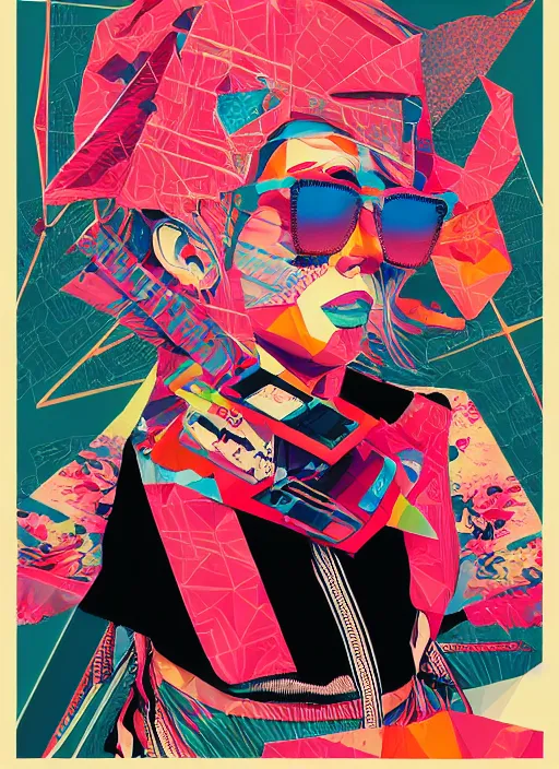 Prompt: portrait of a lowpoly punk girl with a musicassette sunglasses wearing kimono made of synthesizer, poster art by kurt schwitters james jean liam brazier victo ngai tristan eaton