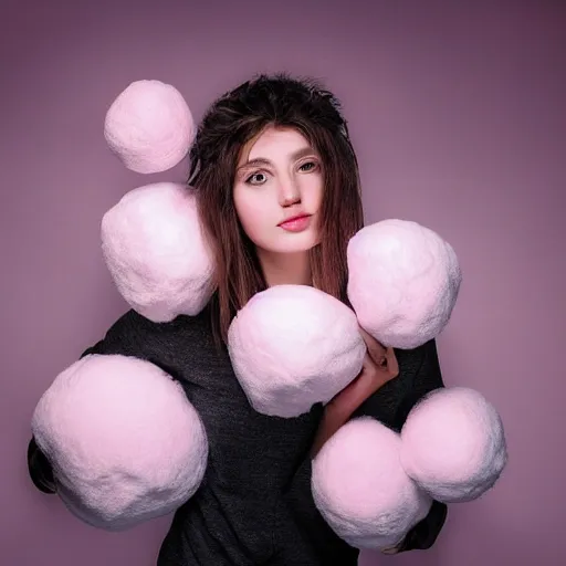 Image similar to portrait of pretty girl surrounded by large fluffy pink cotton balls, Dreamlike Portrait Photography by Ramak Bamzar