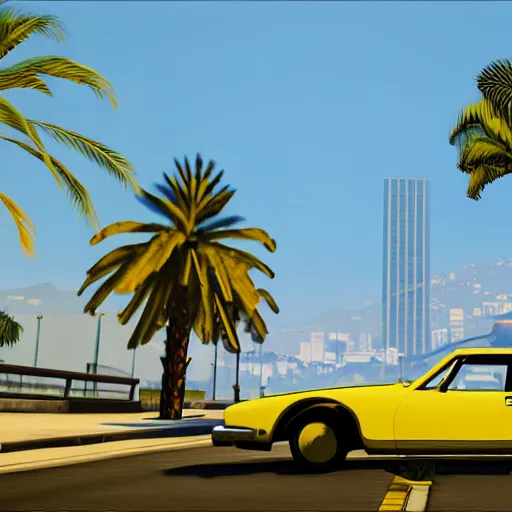 Image similar to yellow in gta v. los santos in background, palm trees in the art style of stephen bliss, 4 k