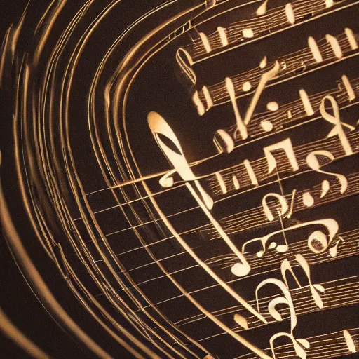 Image similar to a polished bronze sculpture of music notation, three quater notes, art installation, cinematic light, rain, 8 k, unreal render, reflections,