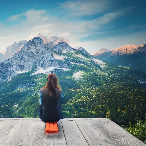 Prompt: illustration of a smiling female software developer sitting outside in front of a modern campus building with beautiful mountains in the background, digital art, high detail, summer, alps, 4k, cartoon