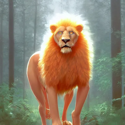 Image similar to aesthetic portrait commission of a of a male fully furry muscular anthro albino lion in orange in attractive outfit made entirely out of forest ferns,digital art,art by greg rutkowski, charles bowater, charlie bowater, ross tran, artgerm, and makoto shinkai, detailed face, hyperdetailed, photorealistic, artstation, deviantart, 4k, detailed, inked, western comic book art, award winning painting ,high definition