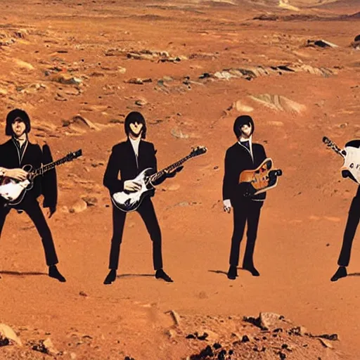 Image similar to the beatles playing a concert on mars. photograph 8 k cinematic colored