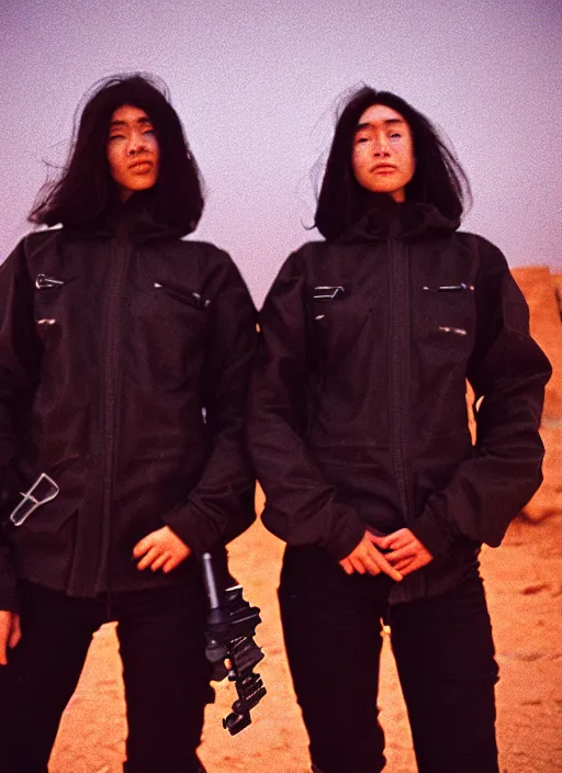 Image similar to cinestill 5 0 d photographic portrait of two loving clones, women wearing rugged black techwear on a desolate plain with a red sky, extreme closeup, diverse species, cyberpunk, in front of a brutalist dark metal facility, dust storm, 3 5 mm, 8 k, f / 3 2, high resolution, ultra realistic faces, beautiful