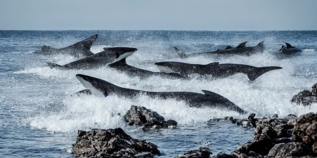 Image similar to hundred sharks seen from a rocky shore, waves