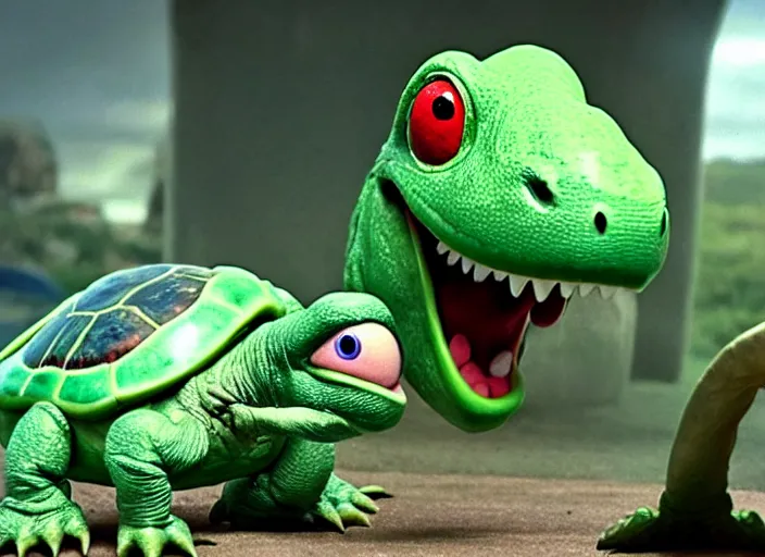 Image similar to film still of yoshi in the new sci - fi movie, cute upright dinosaur with a small turtle shell and long tongue, 8 k