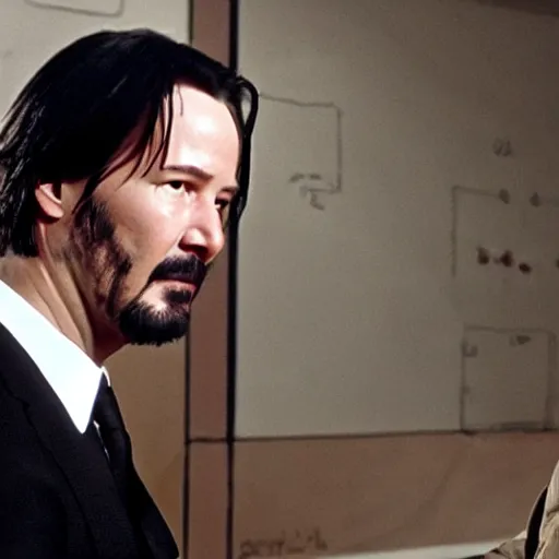 Prompt: Keanu Reeves pointing a gun at Walter White, photorealistic