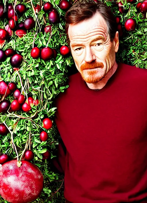 Image similar to bryan cranston with a huge cranberry on his head, cranberry helmet, studio light, bloom, detailed face, magazine, press, photo, steve mccurry, david lazar, canon, nikon, focus