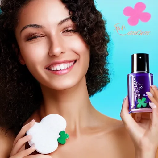 Prompt: “Woman advertising a skincare product named ‘Elation’ with a three-leaf clover logo, smart, beautiful, realistic, magnificent” n-9