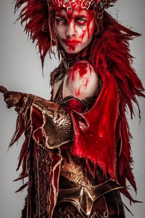 Image similar to the blood crown queen wear the scarlet armor, cinematic lighting, various refining methods, micro macro autofocus, ultra definition, award winning photo
