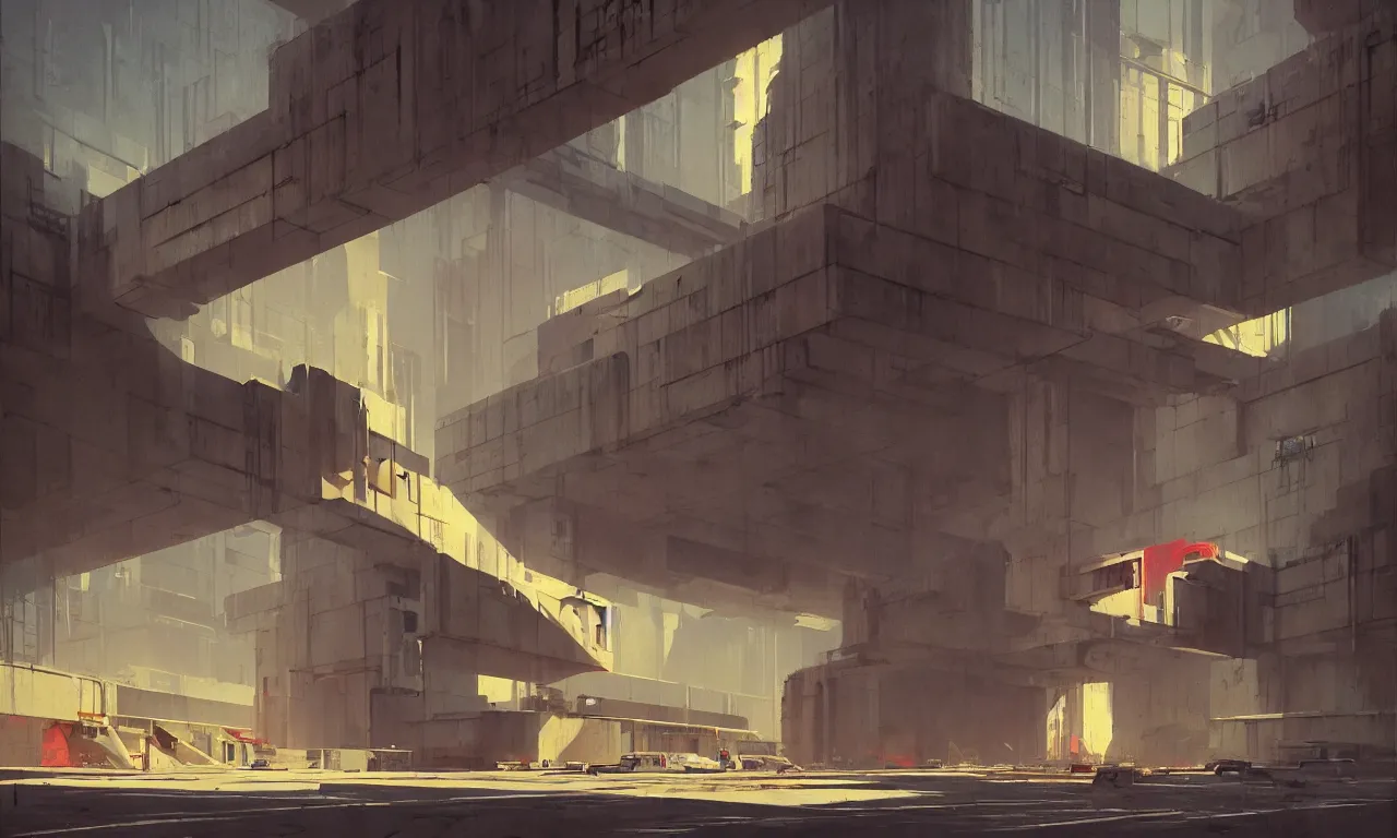 Image similar to brutalist architecture by le corbusier, colorful neon lighting, greg rutkowski, syd mead, concept art, matte painting, highly detailed, rule of thirds, dynamic lighting, cinematic, detailed, denoised, centered