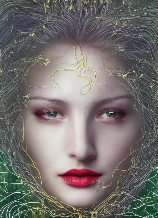 Prompt: glowing silver and golden elements, head and shoulder portrait, young female model from shutterstock as a evil witch, book cover, green forest, white moon, red lips, establishing shot, extremly high detail, photo-realistic, cinematic lighting, pen and ink, intricate line drawings, by Yoshitaka Amano, Ruan Jia, Kentaro Miura, Artgerm, post processed, concept art, artstation, matte painting, style by eddie, raphael lacoste, alex ross