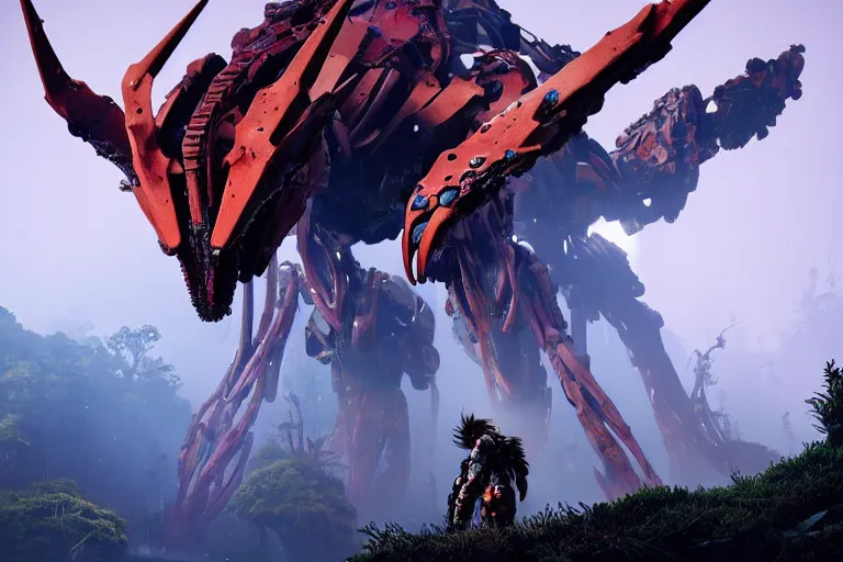 Image similar to a hyper detailed fanghorn evangelion realistic mechanical and organic creature similar look as horizon forbidden west horizon zero dawn, bioluminiscence in a dark deep forest at dawn in spring, with reflection and textures, by kilian eng, substance painter reaslitic mech surface metal painted scratches,