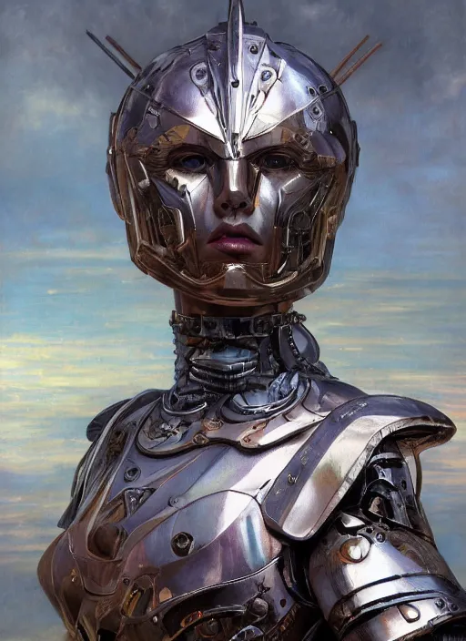 Image similar to biblical diabolical beautiful female valkyree android, slick mechanical metal armor, jump, heavy eyes to the side, closeup, bright glowing veins, in clouds, rain, sunset, portrait, by gerald brom, by mikhail vrubel, by peter elson, muted colors, extreme detail, reflections, trending on artstation, 8 k