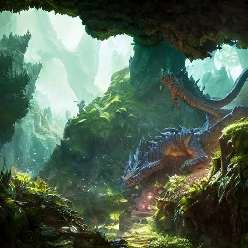 Image similar to Giant Dragon resting in a cave, natural light, lush plants and flowers, elegant, intricate, fantasy, atmospheric lighting, by Greg rutkowski, league of legends splash art