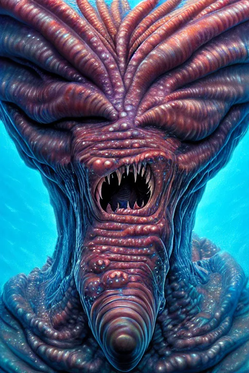 Image similar to hyperrealistic close-up surrealism underwater creature monster!! highly detailed concept art eric zener elson peter cinematic hard lighting high angle hd 8k sharp shallow depth of field, inspired by David Paul Cronenberg and Zdzisław Beksiński