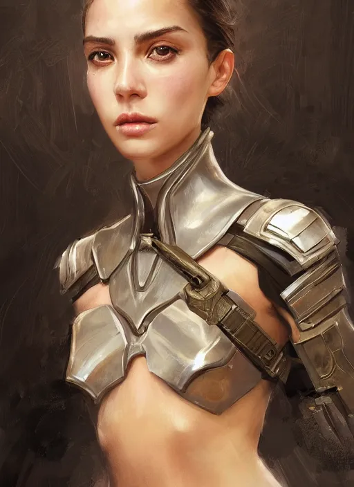 Image similar to a professional painting of a beautiful young female, clothed in military armor, olive skin, long dark hair, beautiful bone structure, symmetrical facial features, intricate, elegant, digital painting, concept art, smooth, sharp focus, illustration, from Metal Gear, by Ruan Jia and Mandy Jurgens and Artgerm and William-Adolphe Bouguerea